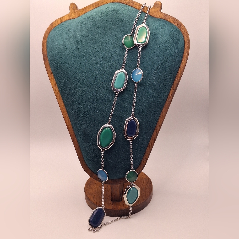 Premier Designs Long Silver Tone Necklace | Blue & Green Faceted Stones | NWT